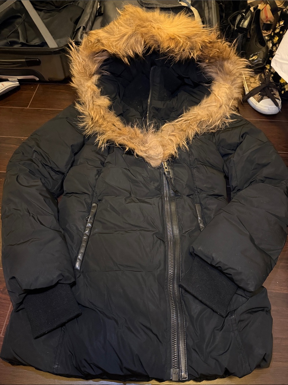 Mackage Black Puffer Coat with Faux Fur Trim Hood